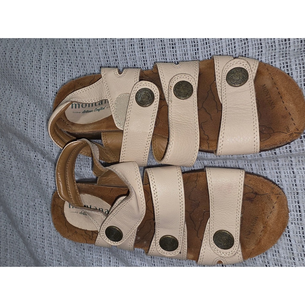 Montana Artisan Crafted Beige Leather Triple Strap Comfort Sandals Womens 7M